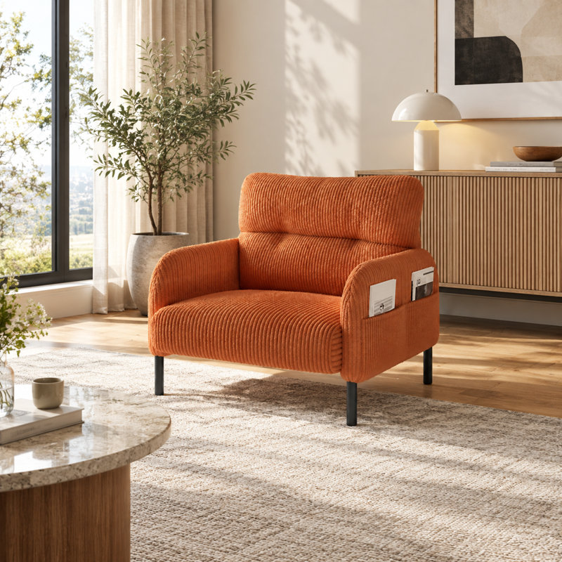 Fauteuil d'appoint en velours côtelé à assise large avec poches latérales