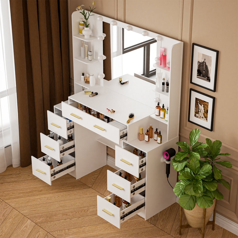 Table de coiffeuse à maquillage avec grand miroir et lumières, coiffeuse blanche avec 7 tiroirs et 6 tablettes pour femmes