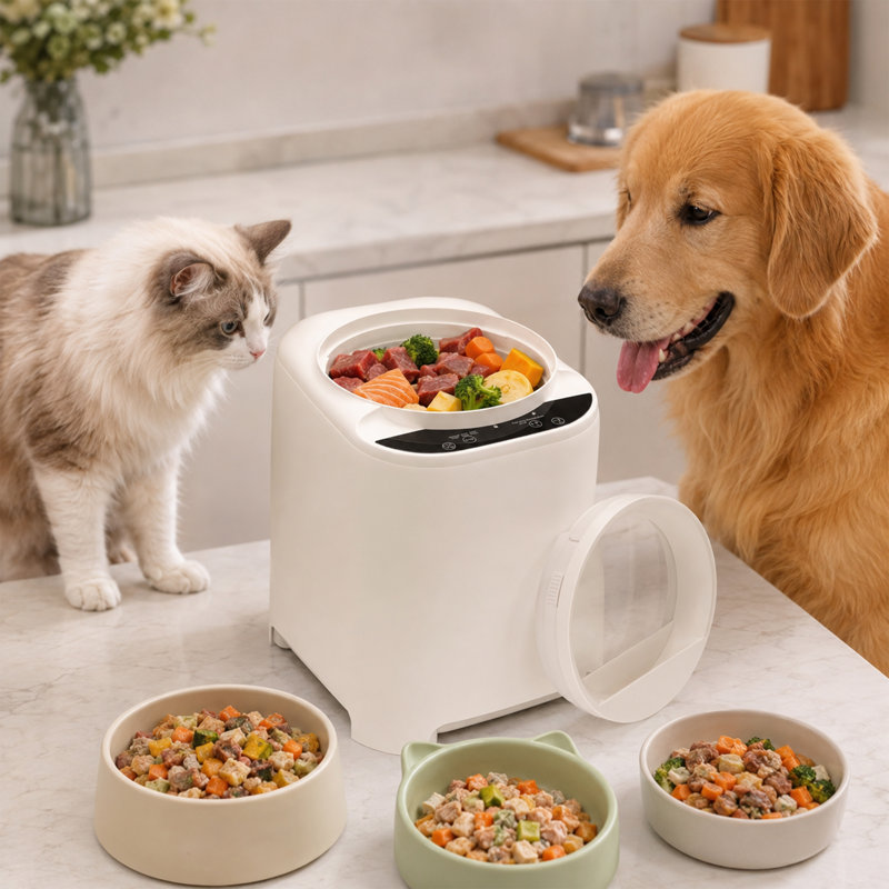 Robot culinaire tout-en-un 4,5 L pour chiens et chats, avec 5 modes de cuisson et fonction autonettoyante, blanc.