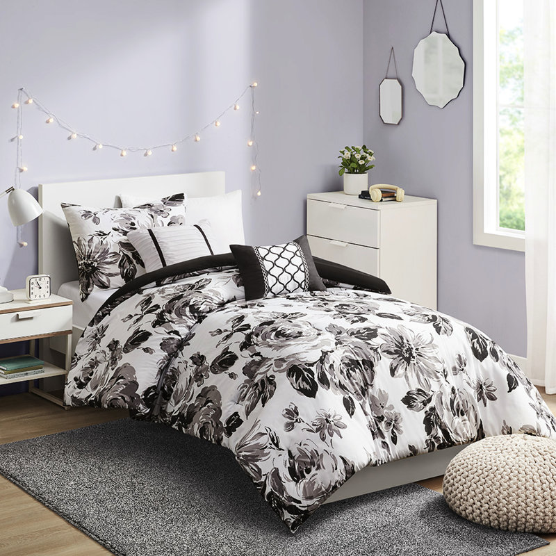 Literie fleurie noire et blanche pour lit simple XL - Douce et lavable à la machine