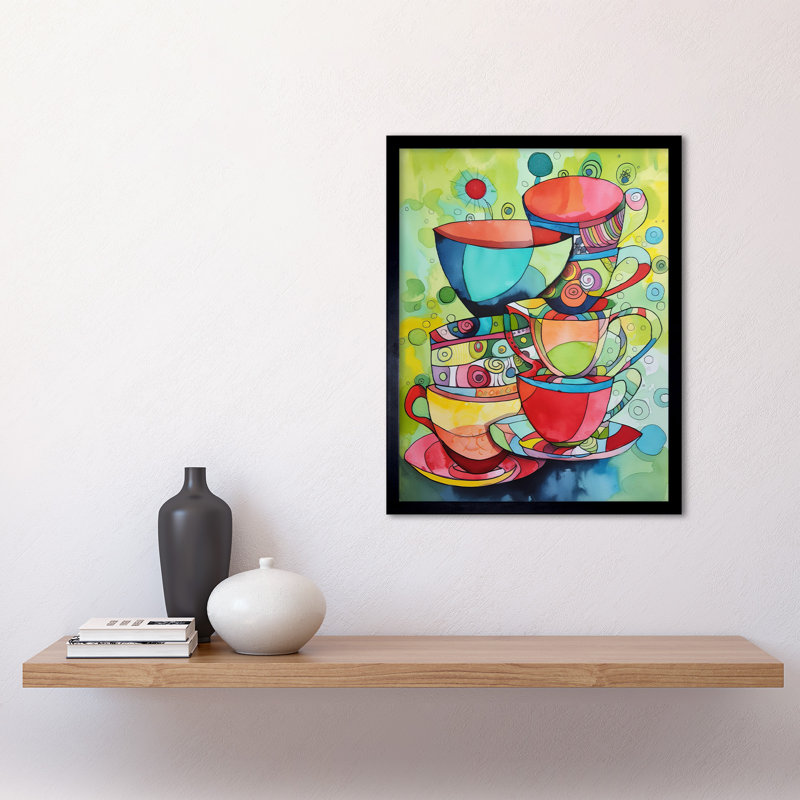 Abstract Tea Cups Folk Art Kitchen Art Print Framed Poster Wall Decor 12x16 inch