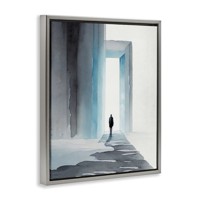 Art mural sur toile "Personne avec porte enneigée" par Incado, H 21 po x l 17 po, Cadre flottant gris lustré