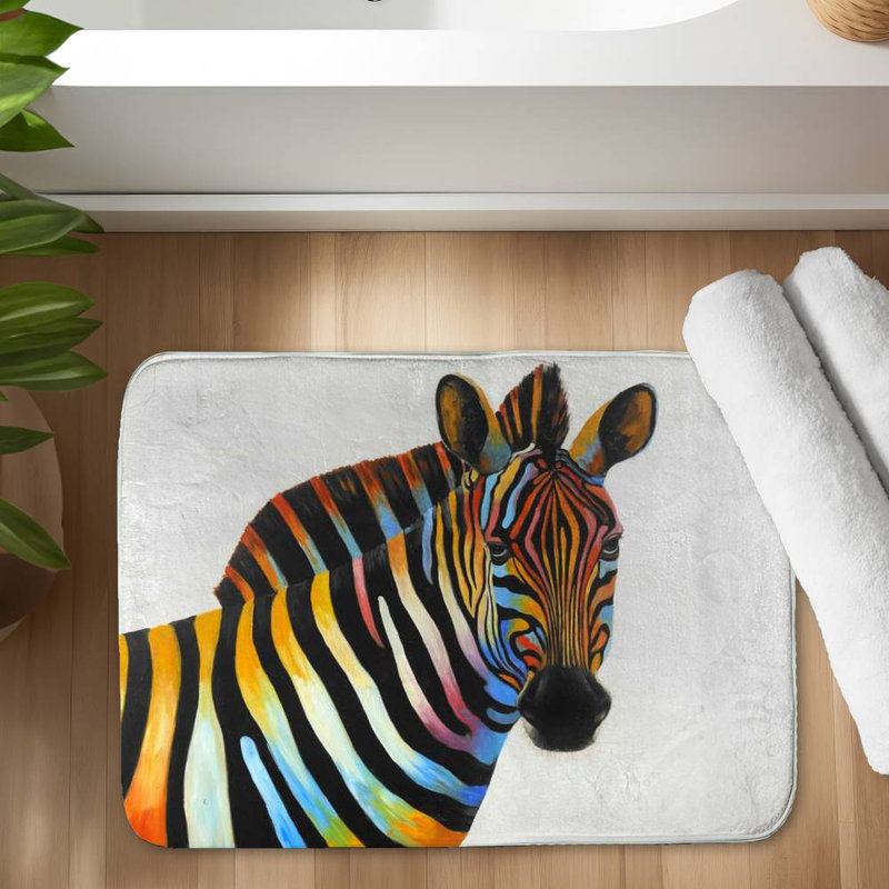 Colorful profile view of a zebra Bath Mat with Non-Slip Backing - Quick Dry Memory Foam Bathroom Rug - Absorbent - Modern Plush Spa-Style - Machine Washable