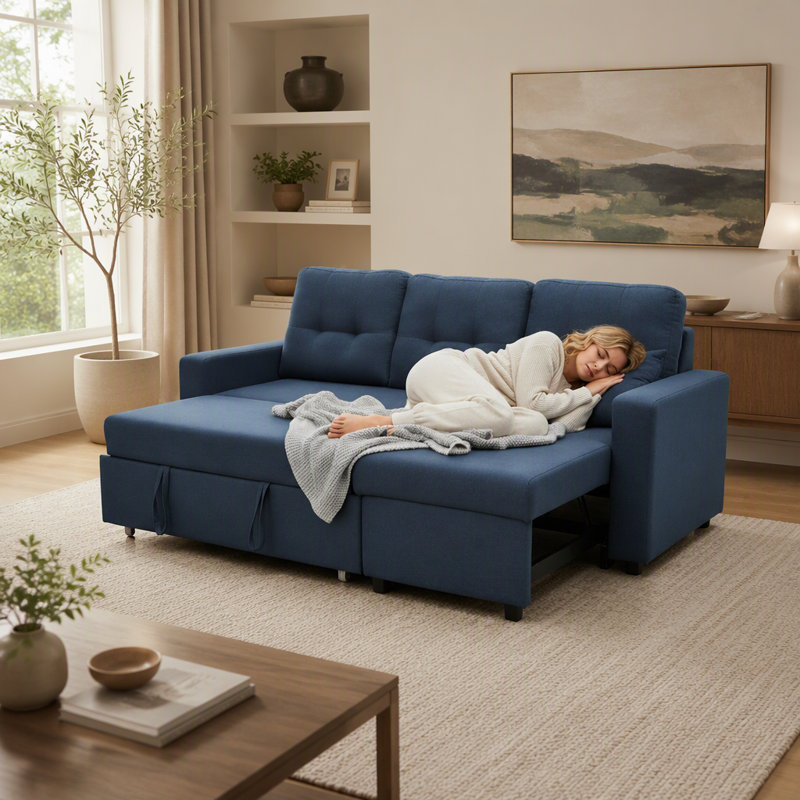 Canapé-lit modulaire convertible en L convertible pour petits espaces et salons, bleu