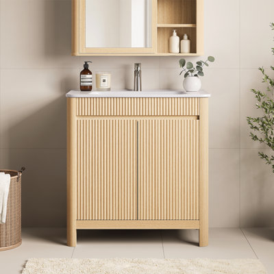 Fredson 30" Single Freestanding Bathroom Vanity with Arc-Shaped Ceramic Sink, Solid Wood Legs, Soft-Close Doors & Interior Adjustable Storage