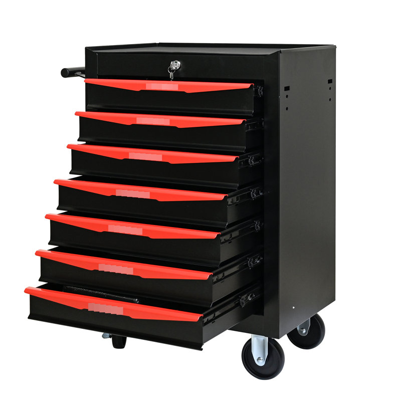 Armoire à outils 20 po - 7 tiroirs, roulement, 7 glissières à roulement en acier, rouge et noir, robuste