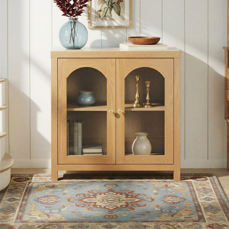Eilisha Modern Arched Glass Accent Cabinet, English Oak