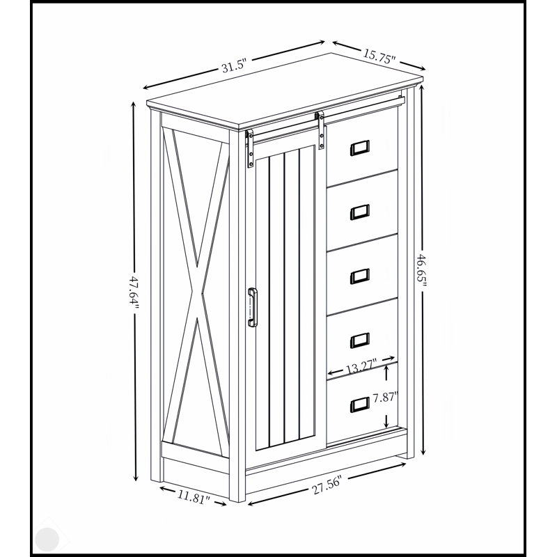 Commode à 5 tiroirs avec porte de grange coulissante, style campagnard rustique pour un rangement polyvalent et une esthétique moderne
