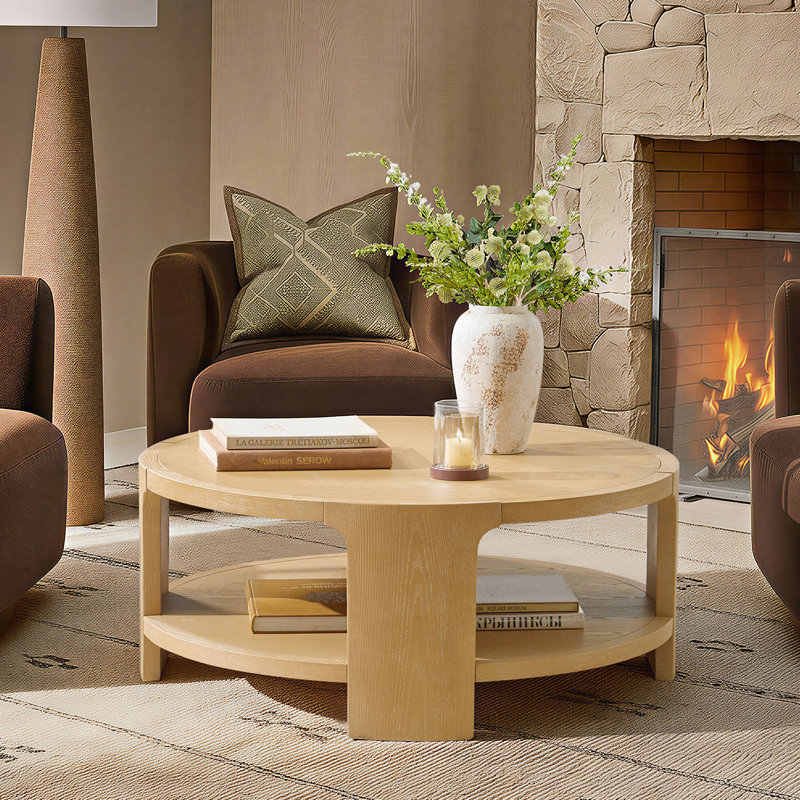 Waynesville Promise 42"W Modern Farmhouse Oak Solid Wood Round Coffee Table with Open Lower Shelf, Natural