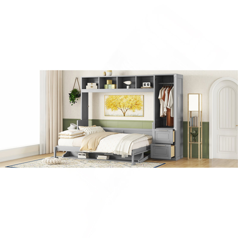Grand lit escamotable mural avec placard et tiroirs, gris