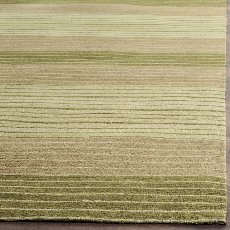 Tapis rayé vert en laine et coton tissé à la main Cruz, Rectangle 5 pi x 8 pi