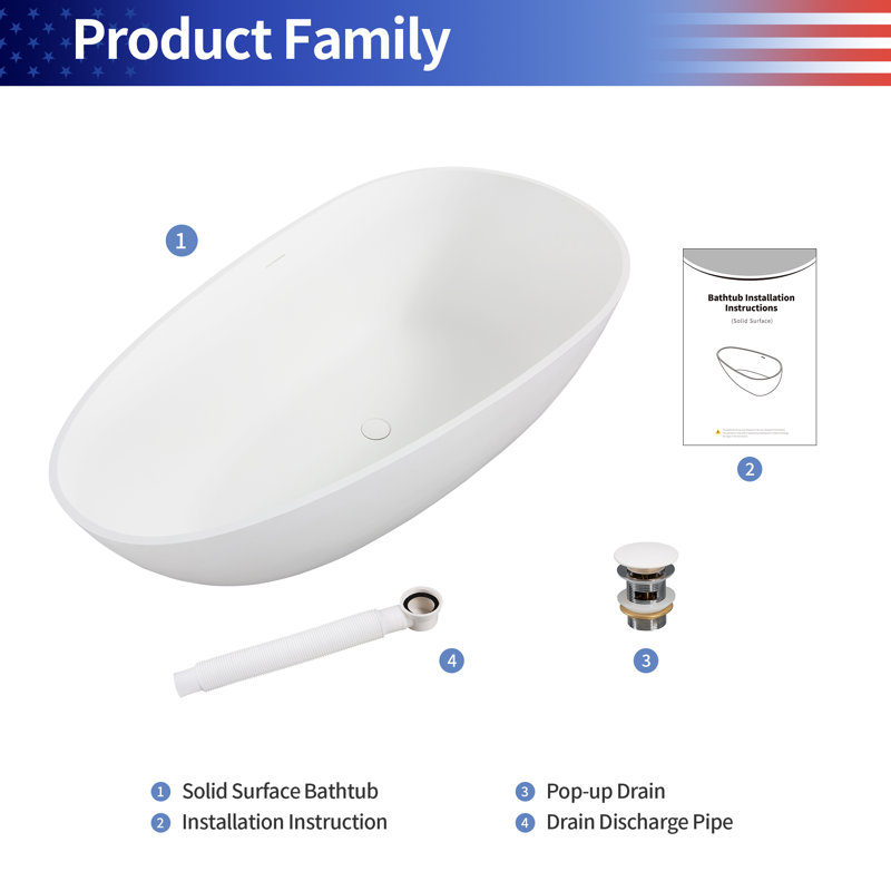 59 x 30.75 Freestanding Bathtub, Egg Shaped Stone Resin Freestanding Tubs, Solid Surface Matte White Soaking Tub with Overflow and Pop-up Drain