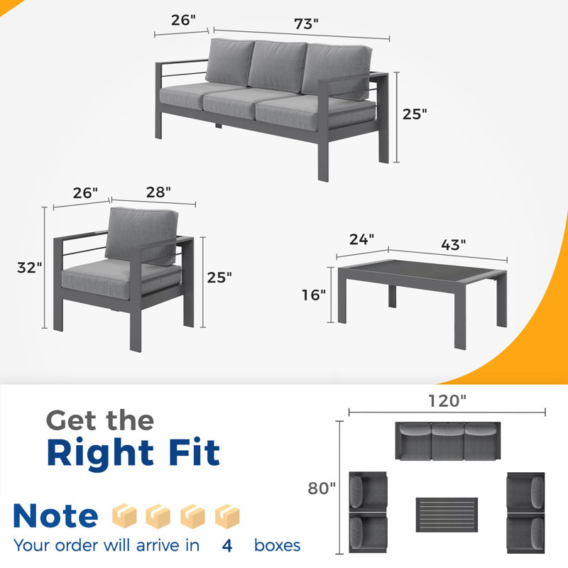 6-Piece Aluminum Patio Conversation Set With Cushions, Gray Frame/Dark Gray Cushion