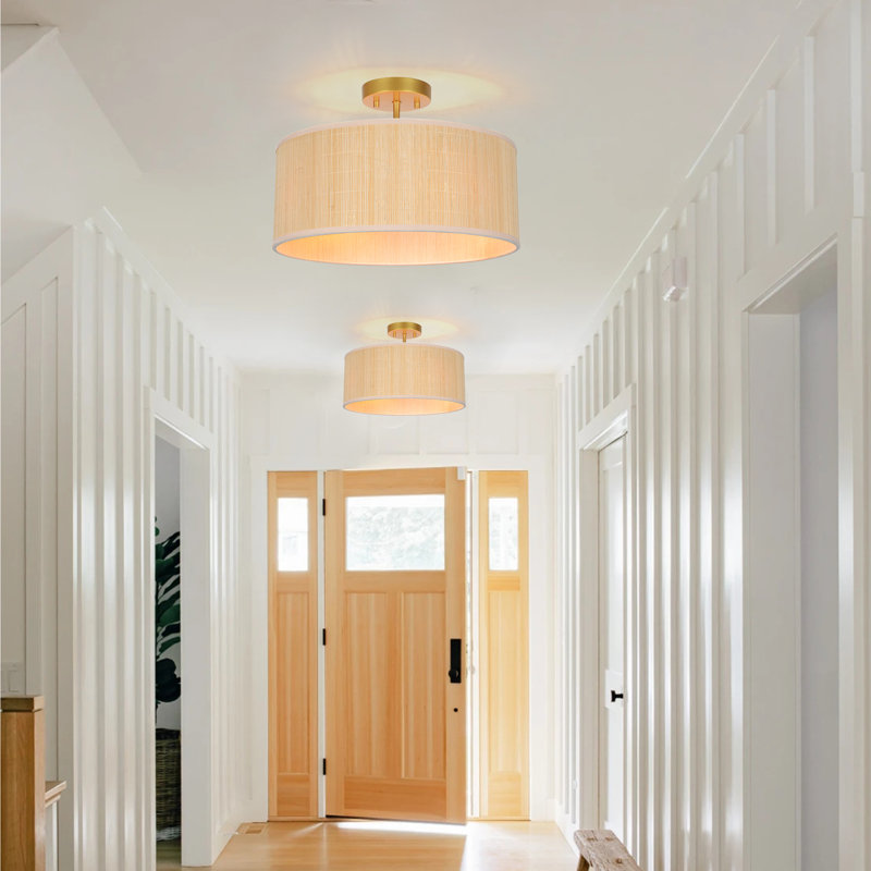 4-Light Dimmable Rattan Drum Shade Semi Flush Mount Ceiling Light with Gold Finish