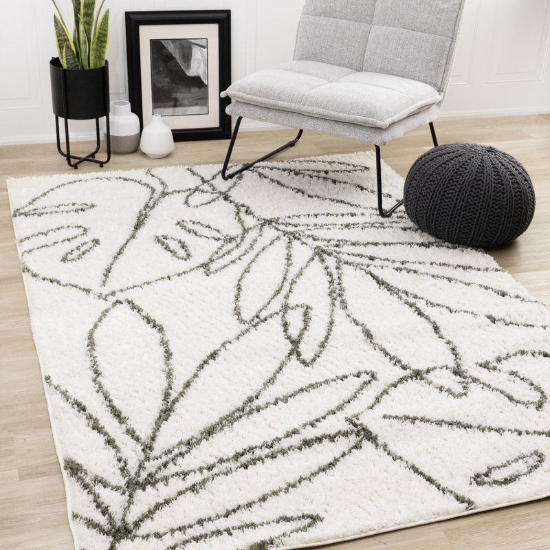 Botelho Cream Sage Green Sketched Leaves Area Rug, Rectangle 5'3" x 7'7"