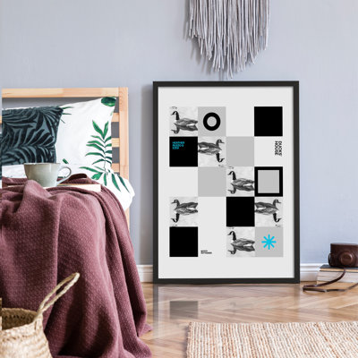 Z Studio Black and White Abstract Checkered Duck Poster Modern Duck Art Print for Living Room Decor Trendy Duck Wall Art for Office, 12 x 16 Inch BLACK FRAMED
