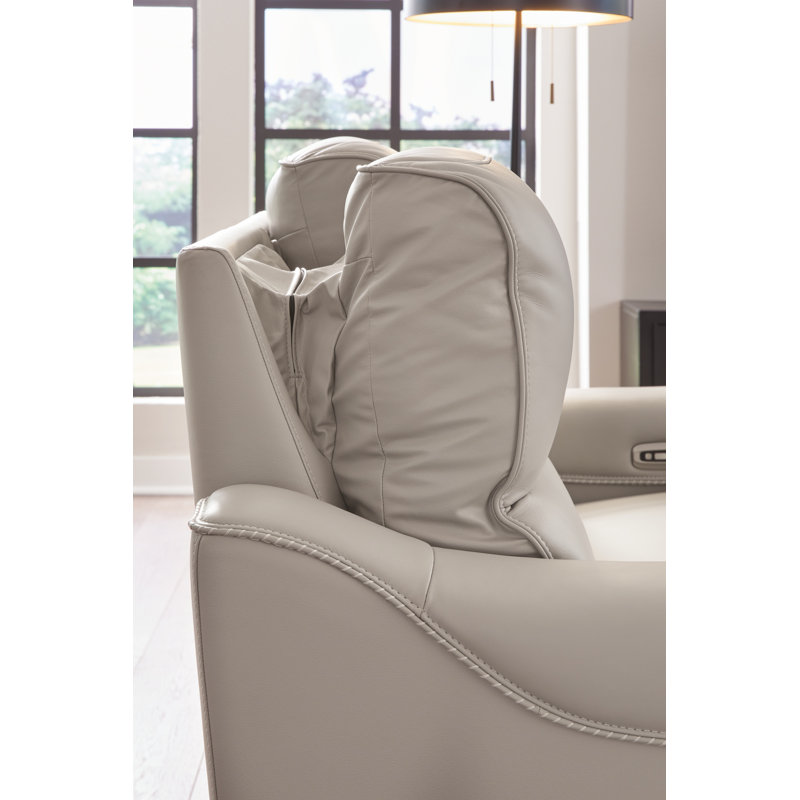 Gray Leather Power Reclining Sofa with Adjustable Headrest