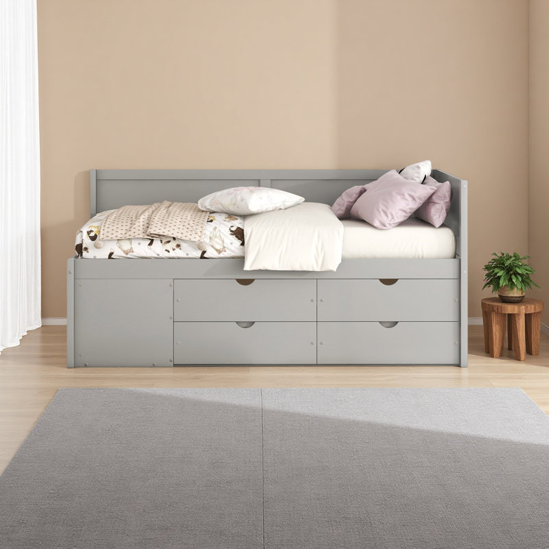 Lit de jour avec tiroirs et tablettes, Gris, Lit simple