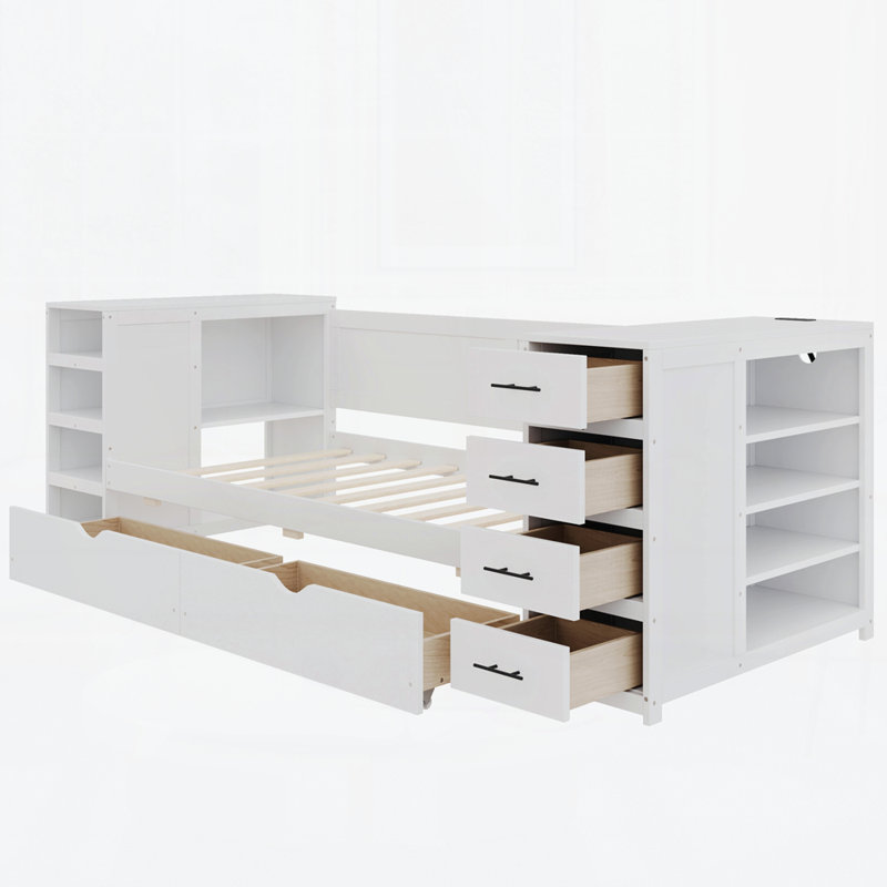 Wooden Daybed with Side Shelves and Drawers, Storage Bed with Multi-Functional Desk and Charging Station