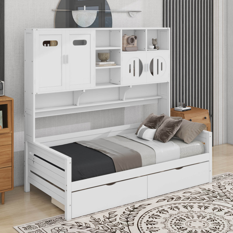 Lit de jour en bois avec tiroirs, Lit simple, Blanc