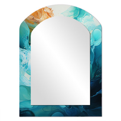 Aqua Dream rush flow 4 - Abstract Collages Arch Wall Mirror, Orange Asymmetrical Decorative Mirror, Printed Metal Art
