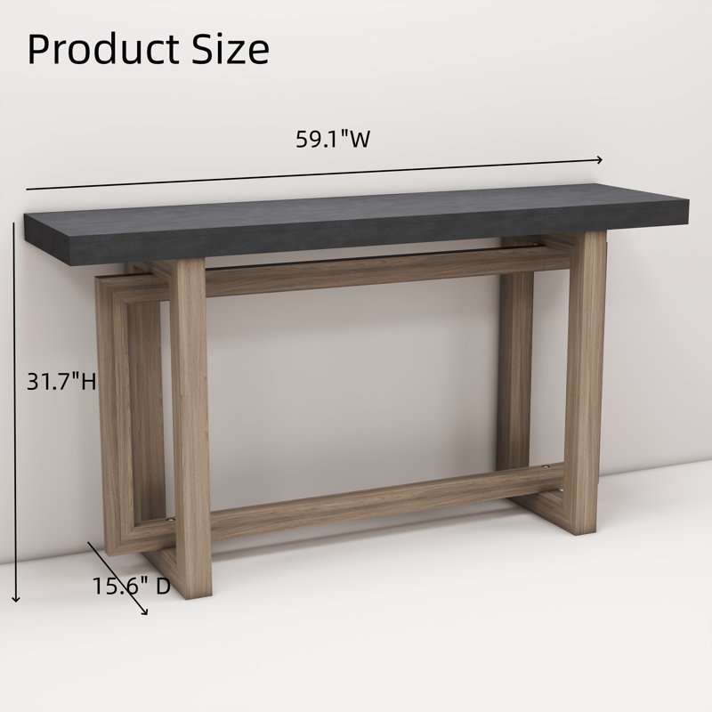 Brazos Modern Console Table Sofa Table with Concrete Top, 59'' Long Accent Entryway Table, Gray Wood Grain, Gray