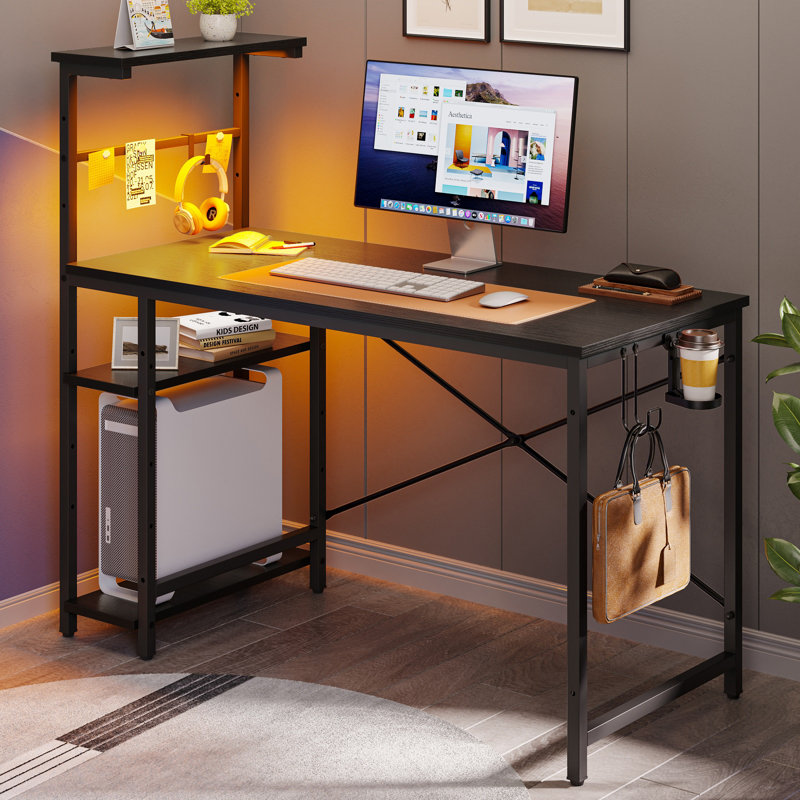 Monike 44'' W Computer Desk With Led Lights & Reversible Storage Shelves,Home Office Desk With Hooks, CPU Stand,Cup Holder and Cloud Magnets.