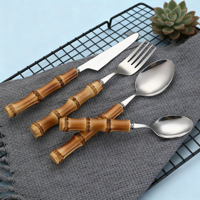 Ensemble de couverts en acier inoxydable avec poignées en bambou et porte-couverts, ensemble de couverts 24 pièces comprenant couteaux, fourchettes, cuillères et cuillères à café