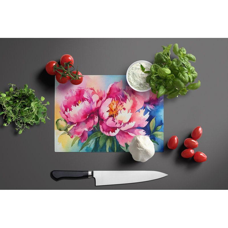 Pivoines dans une grande planche à découper en verre aquarelle