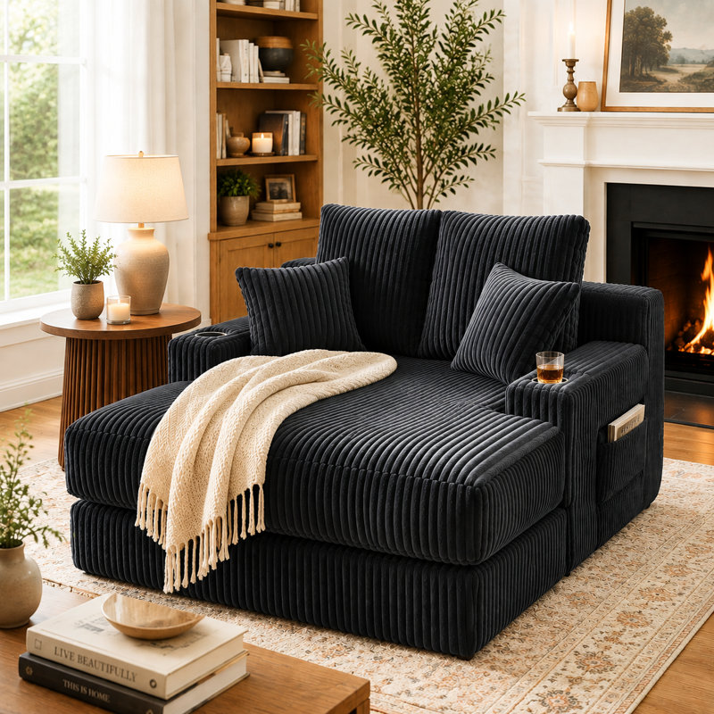 Fauteuil convertible en lit d'intérieur, 152 cm, en velours côtelé, avec 2 porte-gobelets, 2 poches latérales, coussins et accoudoirs. Parfait pour le salon, une chambre d'étudiant ou une chambre d'amis. Aucun assemblage requis. Couleur : noir.