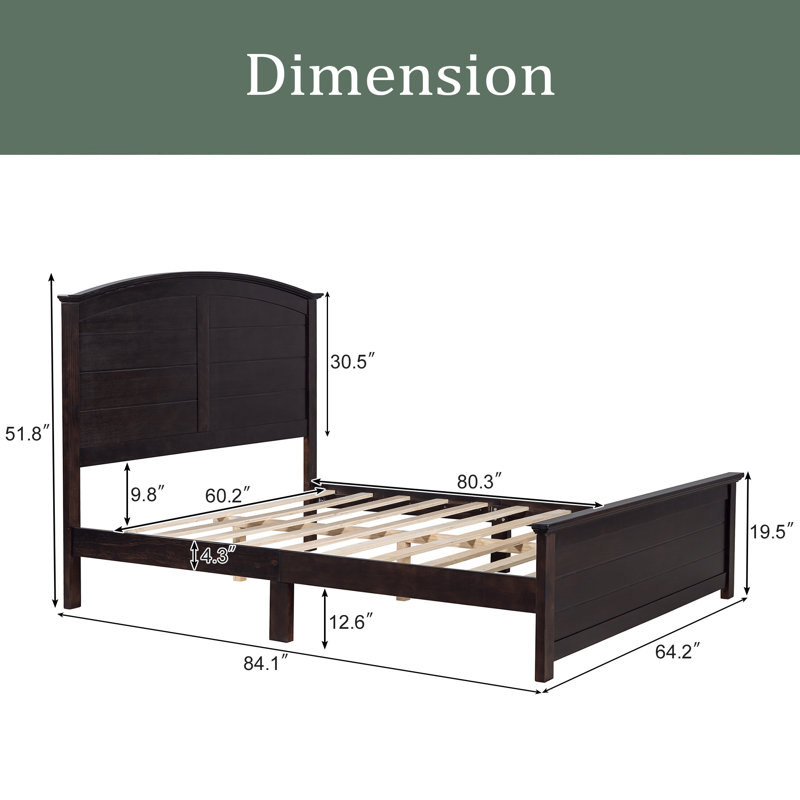 Lit plateforme Farmhouse en bois avec tête et pied de lit Curl Design pour adolescent, espresso, Grand
