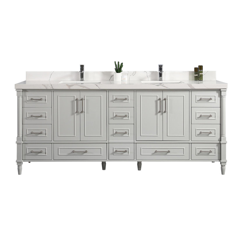 Ensemble de meuble-lavabo double 84 po Muirhead, Gris Coventry, Calacatta, Nickel brossé
