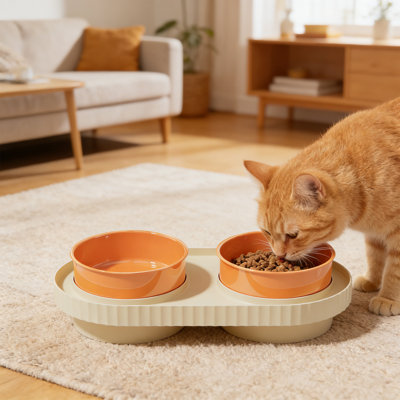 2-in-1 Anti-Tip Pet Bowl for Food and Water, 14.17x3.74 inches, Beige