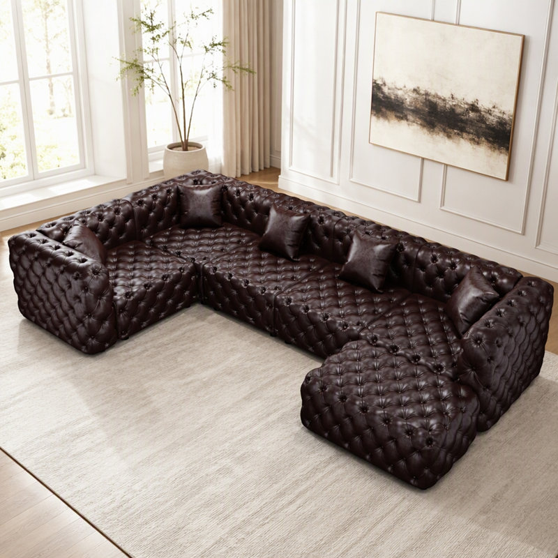 Ensemble de canapé modulaire en forme de L de 132,5 po, canapé modulaire rembourré en similicuir 5 places avec conception touffetée à la main pure, 1 repose-pieds et 5 coussins, combinaison multiple pour le salon, brun foncé