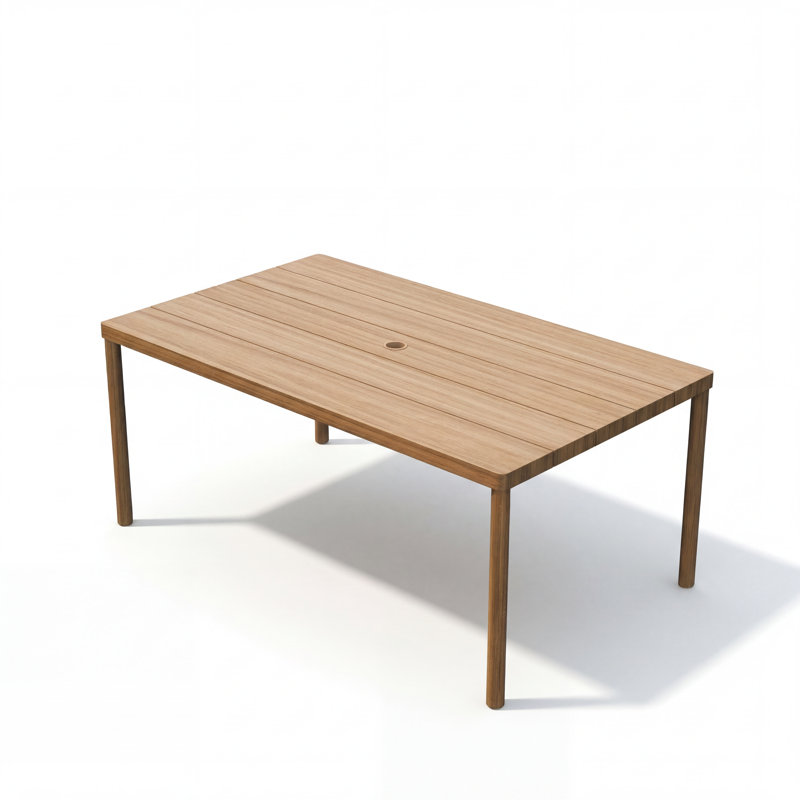 Table de salle à manger d'extérieur en acier Huitt avec finition en bois de teck, assemblage sans outil
