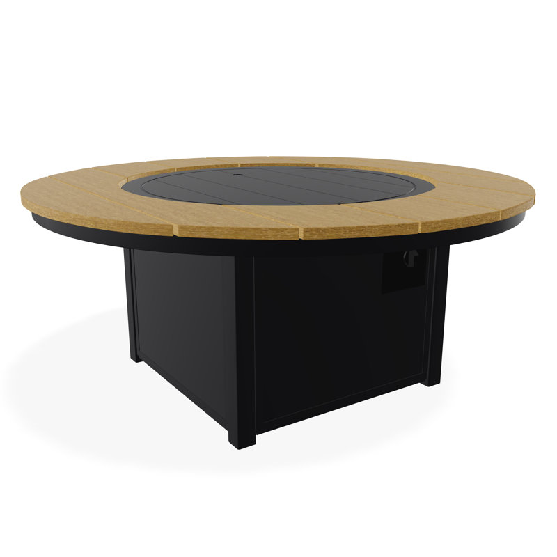 Table de feu 54 po ronde en polymère rustique avec tablette au propane, Noir / teck
