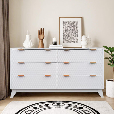 Commode 6 tiroirs avec plateau en faux marbre, meuble télé incurvé moderne pour téléviseur de 55 po ou moins, armoire de rangement robuste