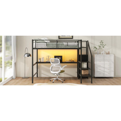 Lit mezzanine double en métal avec bureau, escalier de rangement, petite armoire et lumière DEL