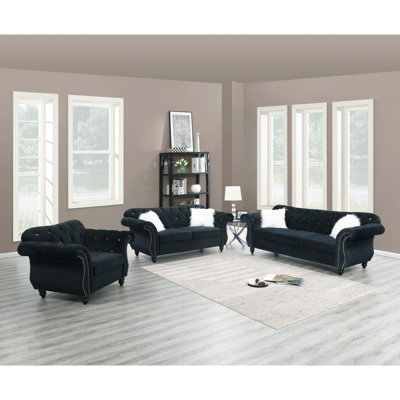 Black Velvet 3Pc Sofa Set Living Room Furniture Upholstered Sofa Loveseat Chair Crystal Tufted Seat