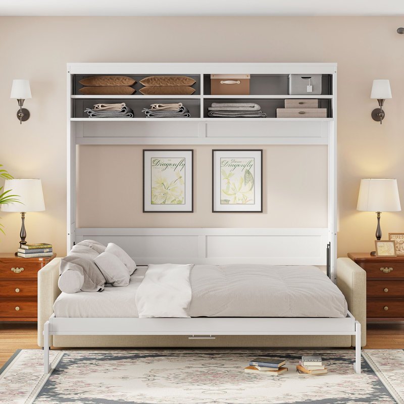 Grand lit escamotable mural avec canapé, conception peu encombrante pour une vie moderne et une utilisation optimale de la pièce.