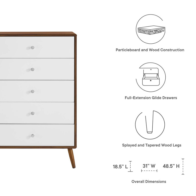 Mid-Century White and Walnut 5-Drawer Dresser with Chrome Pulls