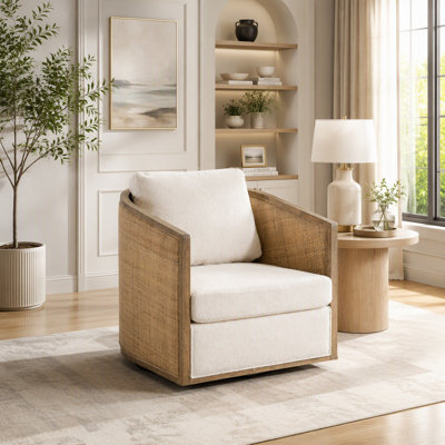 Comfortable Round Swivel Barrel Accent Chair with Rattan Details and High Density Foam Cushion for Living Spaces