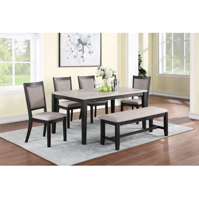 Table de salle à manger contemporaine 6 pièces avec chaises d'appoint 4X et banc rembourré avec sièges rembourrés et chaises en bois massif et placages