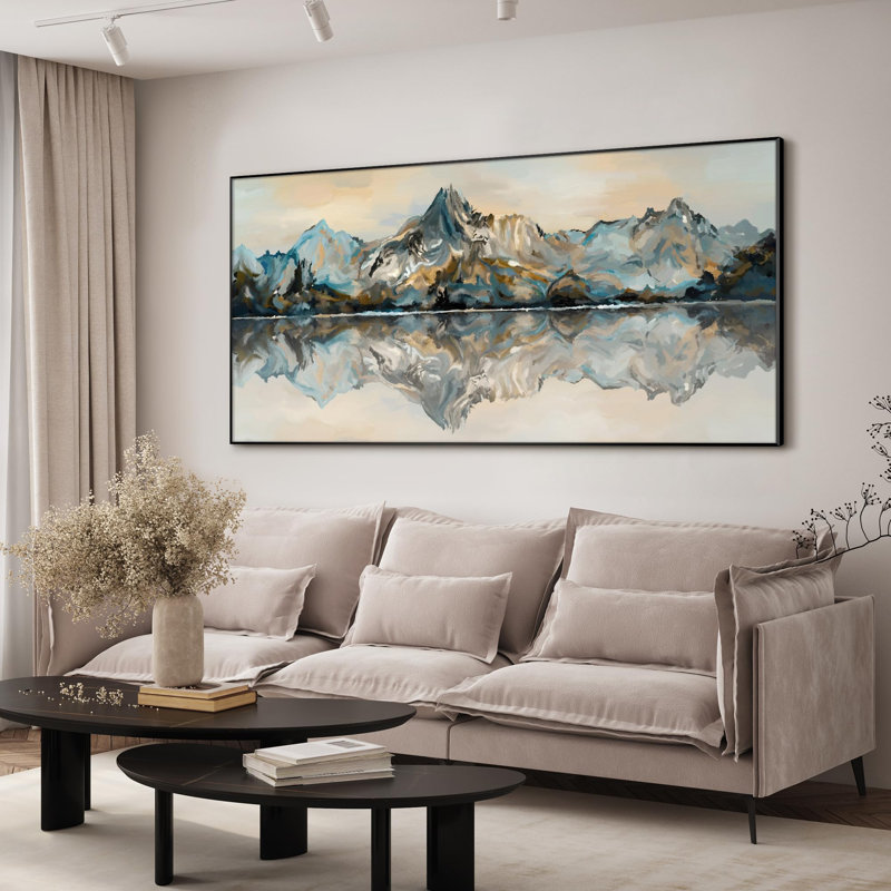 Extra Large Wall Art Fabric Print - Mountain Reflection in Water Tranquil Landscape Artwork Decor for Living Room or Bedroom - "Frame Assembly Required (Unfinished Frame)"