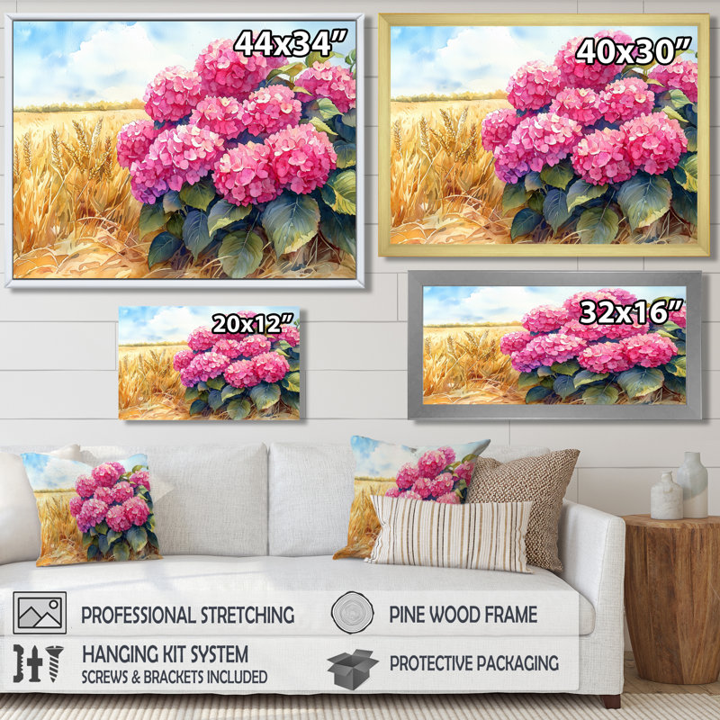Hortensias dans le champ de céréales I - hydrangées, art mural, Noir, H 12 po x l 20 po, Impression encadrée flottante