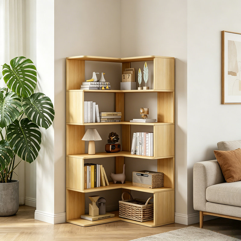 L-Shaped Corner Bookshelf, 6-Tier Wooden Freestanding Bookcase With Open Shelf Units, Oak
