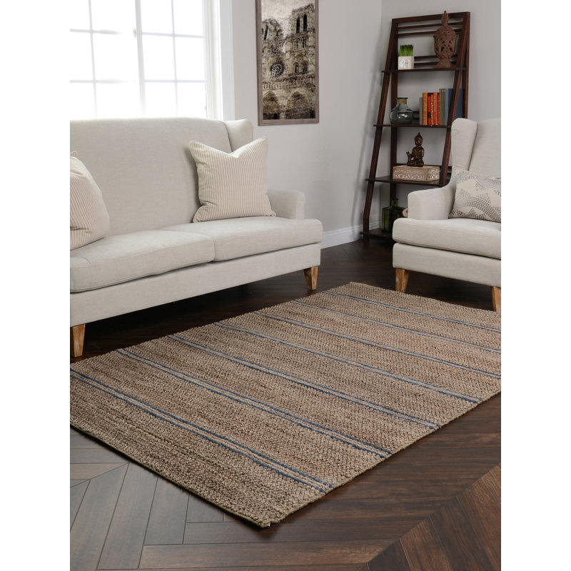 Beamond Striped Hand-Woven Jute Brown/Blue Area Rug, Rectangle 8' x 10'