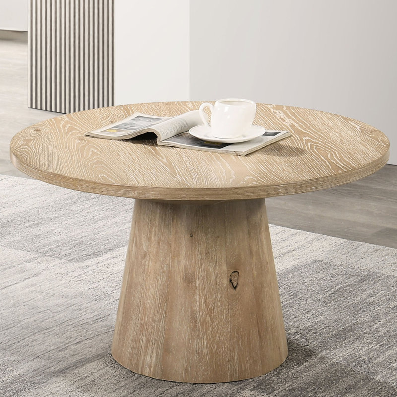 Table basse ronde au look contemporain, finition chêne, piédestal en forme de cône, structure en bois d'hévéa, P 29 po x H 17 po, processus d'assemblage simple avec esthétique, placage, assemblage rapide
