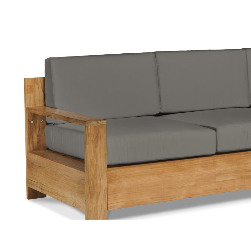 Qube 3 Person Teak Outdoor Sofa With Sunbrella Antique Beige Cushions, Charcoal Grey Sunbrella®, Natural Wood