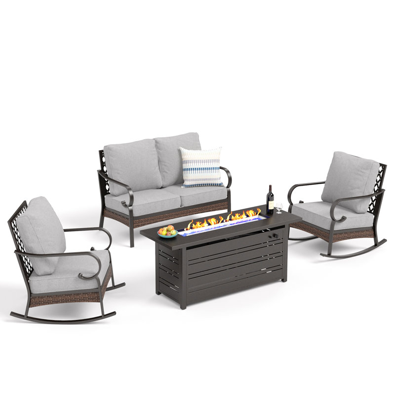 4 - Person Patio Furniture Outdoor Conversation Sets With Fire Pit Table, Black/Light Gray/Black
